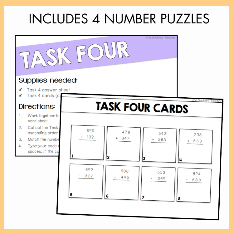 Two task cards with number puzzles and directions on a white background with text that reads 'includes 4 number puzzles'.