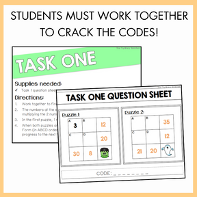 Educational task sheets with 'Task One' and 'Task One Question Sheet' on a light yellow background with text 'students must work together to crack the codes!'