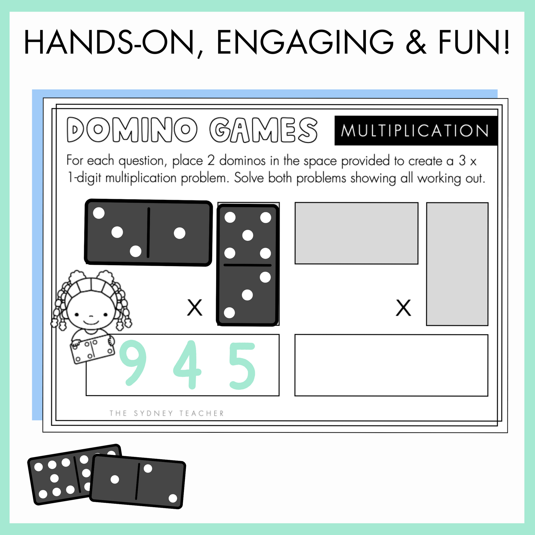 A domino card game on multiplication with an example and text above it that reads 'hands-on, engaging and fun.'