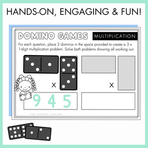 A domino card game on multiplication with an example and text above it that reads 'hands-on, engaging and fun.'