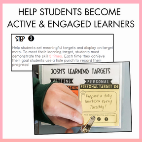 Instructional poster on setting learning targets with a hand using a hole puncher to mark the progress. The text above reads 'Help students become active and engaged learners.'