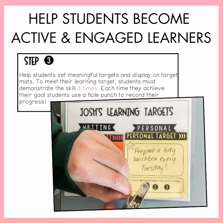 Instructional poster on setting learning targets with a hand using a hole puncher to mark the progress. The text above reads 'Help students become active and engaged learners.'