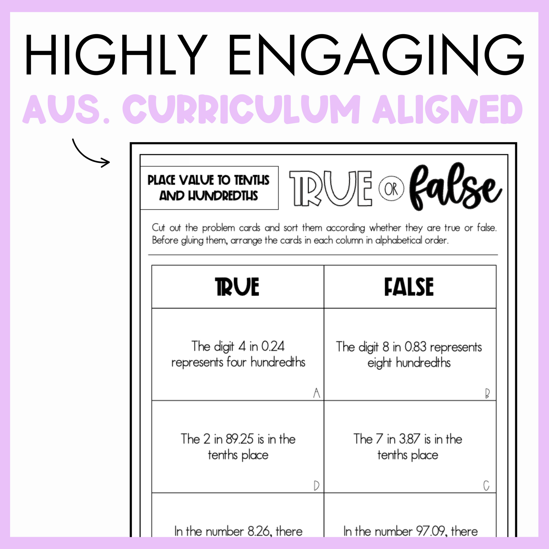 Maths true or false worksheet on place value to tenths and hundredths, with text 'Highly engaging Australian curriculum aligned', on a purple background.