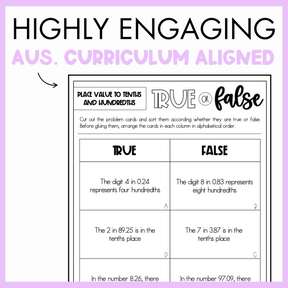 Maths true or false worksheet on place value to tenths and hundredths, with text 'Highly engaging Australian curriculum aligned', on a purple background.