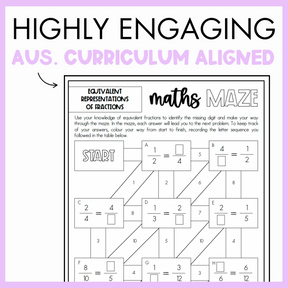 Maths maze worksheet for equivalent representations of fractions with a purple border and text that reads 'Highly engaging Australian curriculum aligned'.