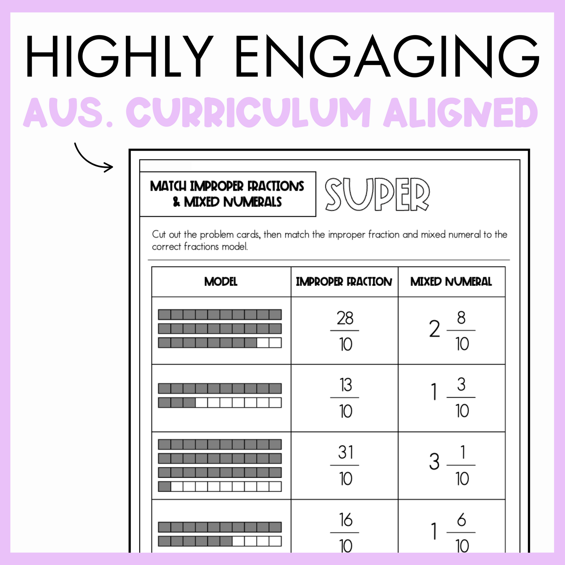 Maths super sort worksheet for matching improper fractions and mixed numerals with text that reads, 'Highly engaging Australian curriculum aligned' on a white background and light purple border.