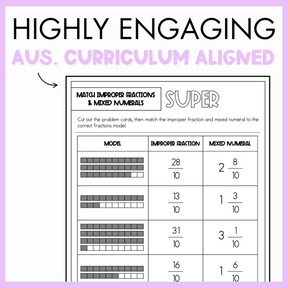 Maths super sort worksheet for matching improper fractions and mixed numerals with text that reads, 'Highly engaging Australian curriculum aligned' on a white background and light purple border.