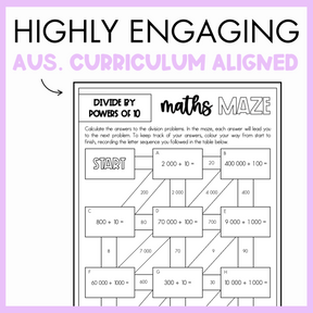 Maths maze worksheet for dividing by powers of 10, with text 'Highly engaging Australian curriculum aligned', on a purple background.