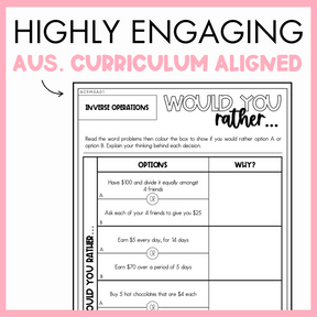 Maths worksheet titled 'Would You Rather' with inverse operations problem, framed by a pink border and text that reads 'Highly engaging Australian Curriculum Aligned.'