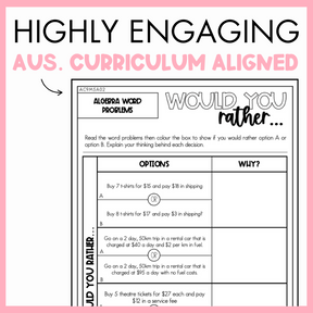 Maths worksheet titled 'Would You Rather' with algebra word problems, framed by a pink border and text that reads 'Highly engaging Australian Curriculum Aligned.'