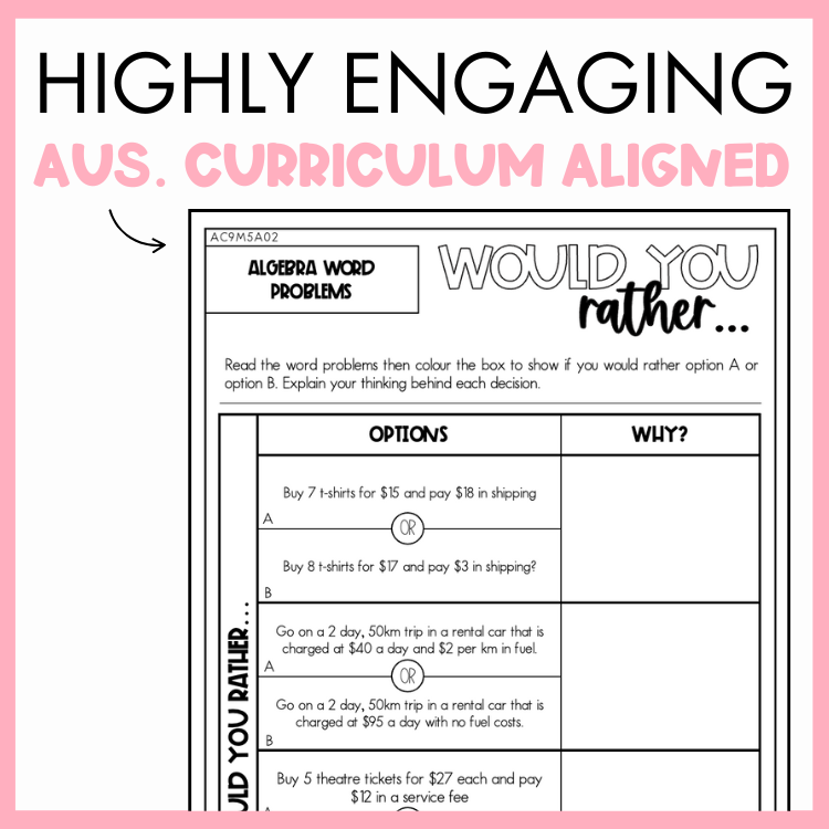 Maths worksheet titled 'Would You Rather' with algebra word problems, framed by a pink border and text that reads 'Highly engaging Australian Curriculum Aligned.'