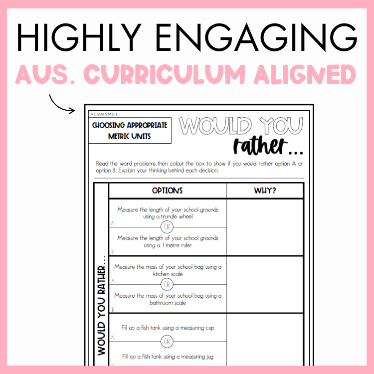 Maths worksheet titled 'Would You Rather' with metric unit measurement questions, framed by a pink border and text that reads 'Highly engaging Australian Curriculum Aligned.'