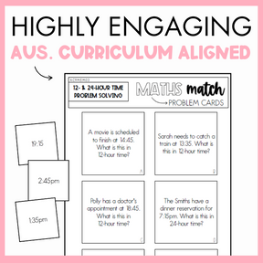Maths match problem solving cards for 12- and 24-hour time conversion, highly engaging and aligned with Australian curriculum, on a pink background.