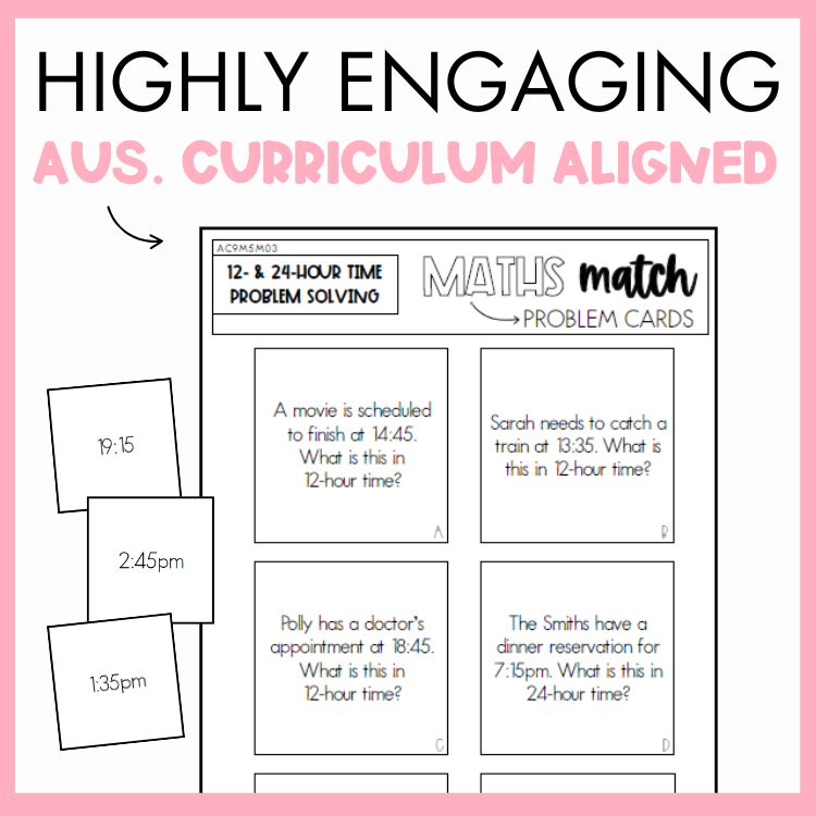 Maths match problem solving cards for 12- and 24-hour time conversion, highly engaging and aligned with Australian curriculum, on a pink background.