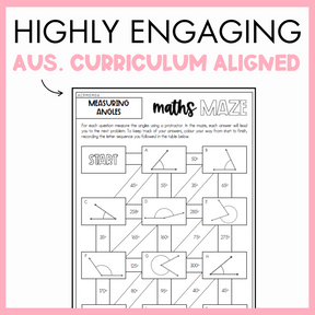 Maths maze worksheet for measuring angles with a pink border and text that reads, 'Highly engaging Australian curriculum aligned.'