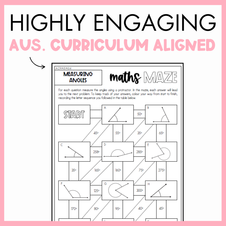 Maths maze worksheet for measuring angles with a pink border and text that reads, 'Highly engaging Australian curriculum aligned.'