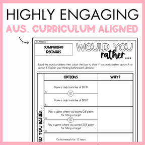 Maths worksheet titled 'Would You Rather' with comparing decimals problem, framed by a pink border and text that reads 'Highly engaging Australian Curriculum Aligned.'
