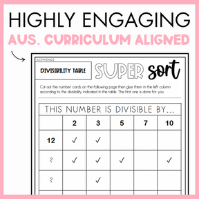 Maths worksheet titled 'Super Sort' with divisibility table, framed by a pink border and text that reads 'Highly engaging Australian Curriculum Aligned.'