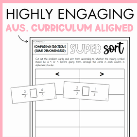 Maths worksheet titled 'Super Sort' with comparing fractions activity showing some fraction problem cut-outs, framed by a pink border and text that reads 'Highly engaging Australian Curriculum Aligned.'