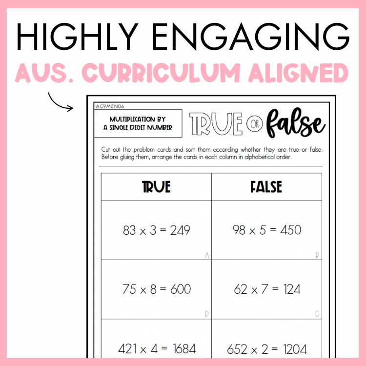 Maths worksheet titled 'True or False' about Multiplication by a Single Digit Number, framed by a pink border and text that reads 'Highly engaging Australian Curriculum Aligned.'