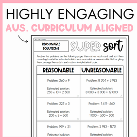 Maths worksheet titled 'Super Sort' about Reasonable Solutions, framed by a pink border and text that reads 'Highly engaging Australian Curriculum Aligned.'