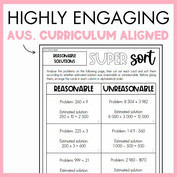 Maths worksheet titled 'Super Sort' about Reasonable Solutions, framed by a pink border and text that reads 'Highly engaging Australian Curriculum Aligned.'