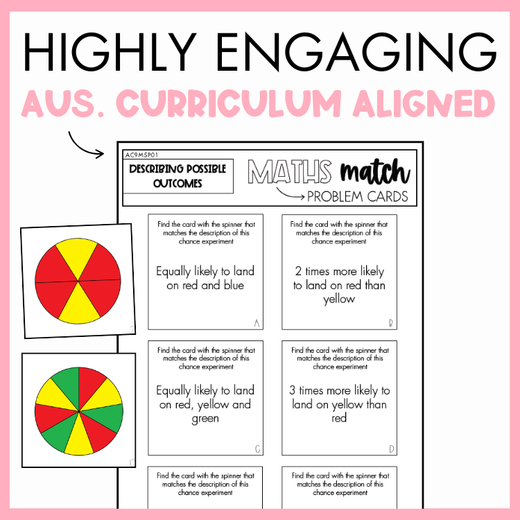 Mathematics match problem cards for describing possible outcomes with a pink border and text. At the top, the text reads 'Highly engaging Australian curriculum aligned.'