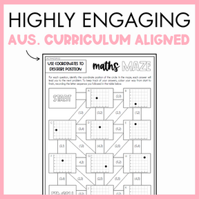 Maths maze worksheet on use coordinates to describe position on a pink border, labeled 'Highly Engaging Aus. Curriculum Aligned'.