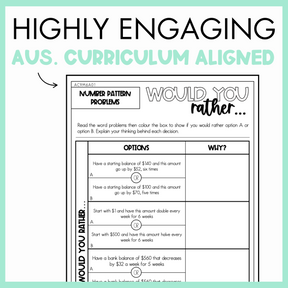 Maths would you rather worksheet on number pattern problems with text, 'Highly Engaging Aus. Curriculum Aligned' on light green background.
