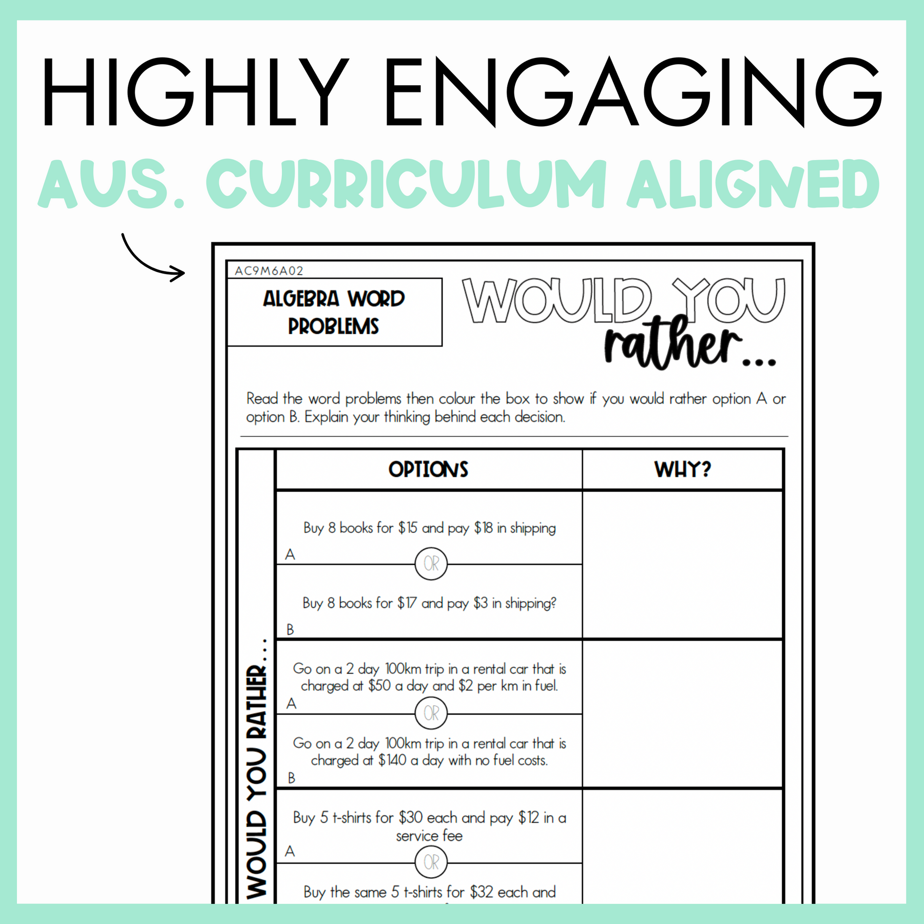 Maths Would You Rather... worksheet on complex patterns and rules with text, 'Highly Engaging Aus. Curriculum Aligned' on light green background.