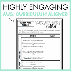 Maths Would You Rather... worksheet on complex patterns and rules with text, 'Highly Engaging Aus. Curriculum Aligned' on light green background.