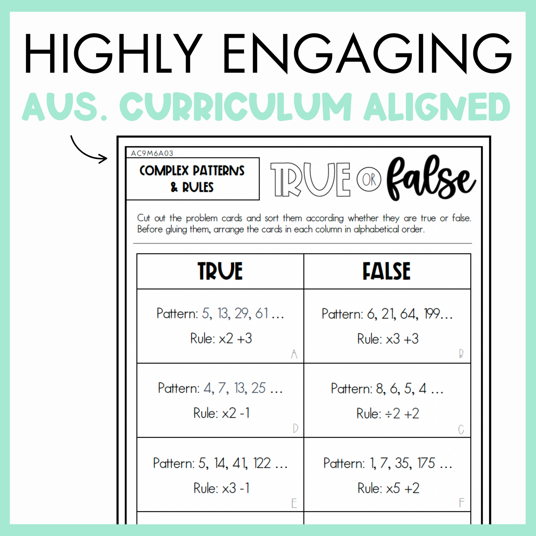 Maths true or false worksheet on complex patterns and rules with text, 'Highly Engaging Aus. Curriculum Aligned' on light green background.