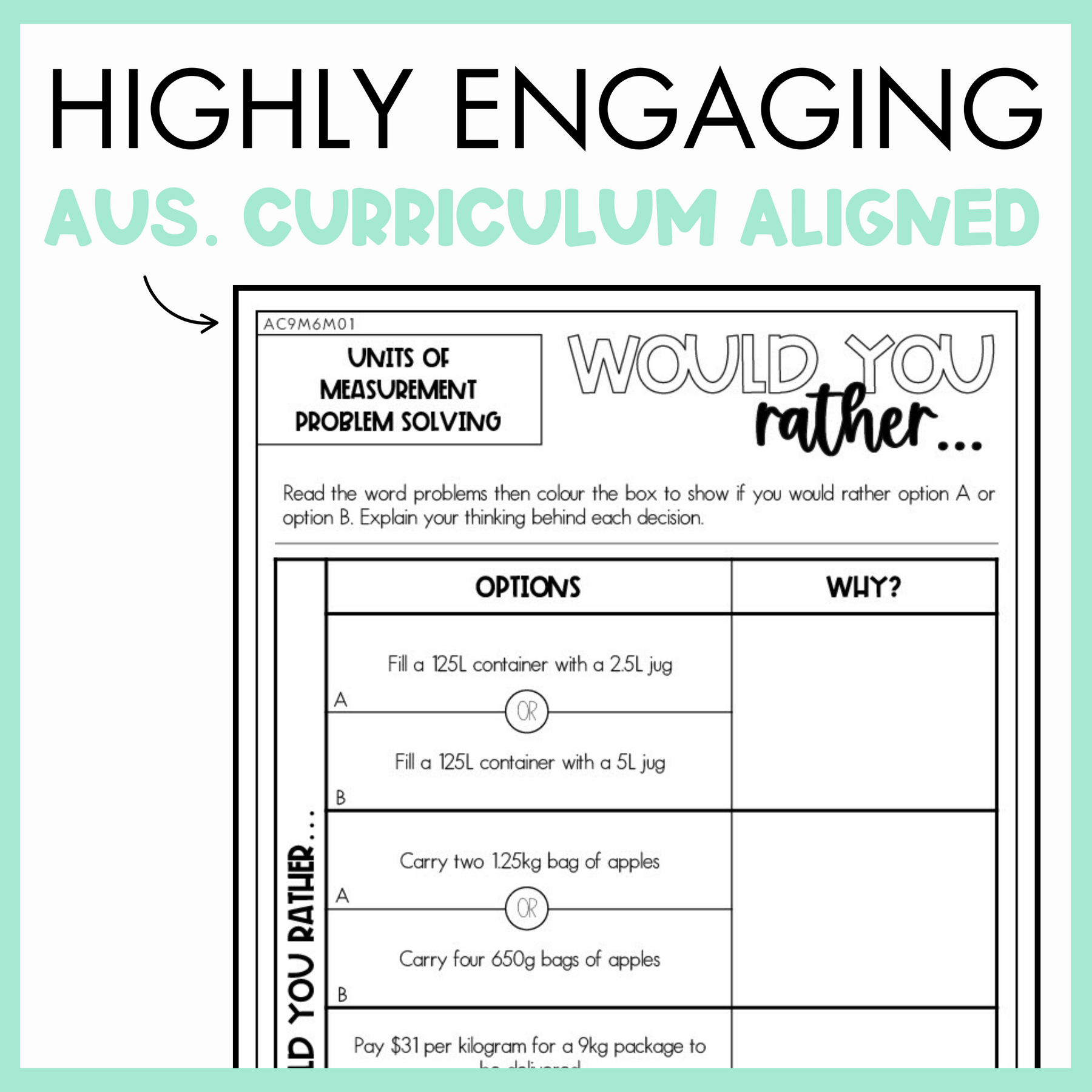 Maths 'Would You Rather' worksheet titled 'Units of Measurement Problem Solving' with measurement problem solving questions. At the top, the text reads, 'Highly engaging Australian Curriculum aligned.'