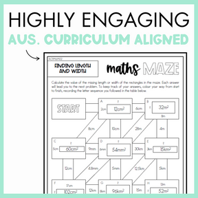 Maths maze worksheet for finding length and width, with text 'Highly engaging Australian Curriculum Aligned', on a light green background.