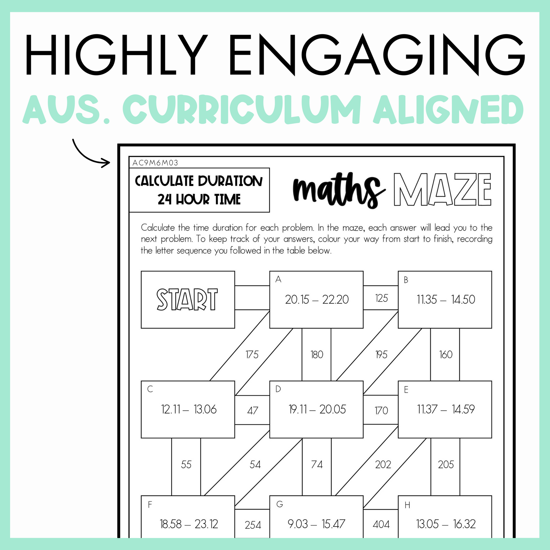 Maths maze worksheet for calculating duration 24 hour time, with text 'highly engaging Australian curriculum aligned', on a light green background.