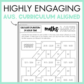 Maths maze worksheet for calculating duration 24 hour time, with text 'highly engaging Australian curriculum aligned', on a light green background.