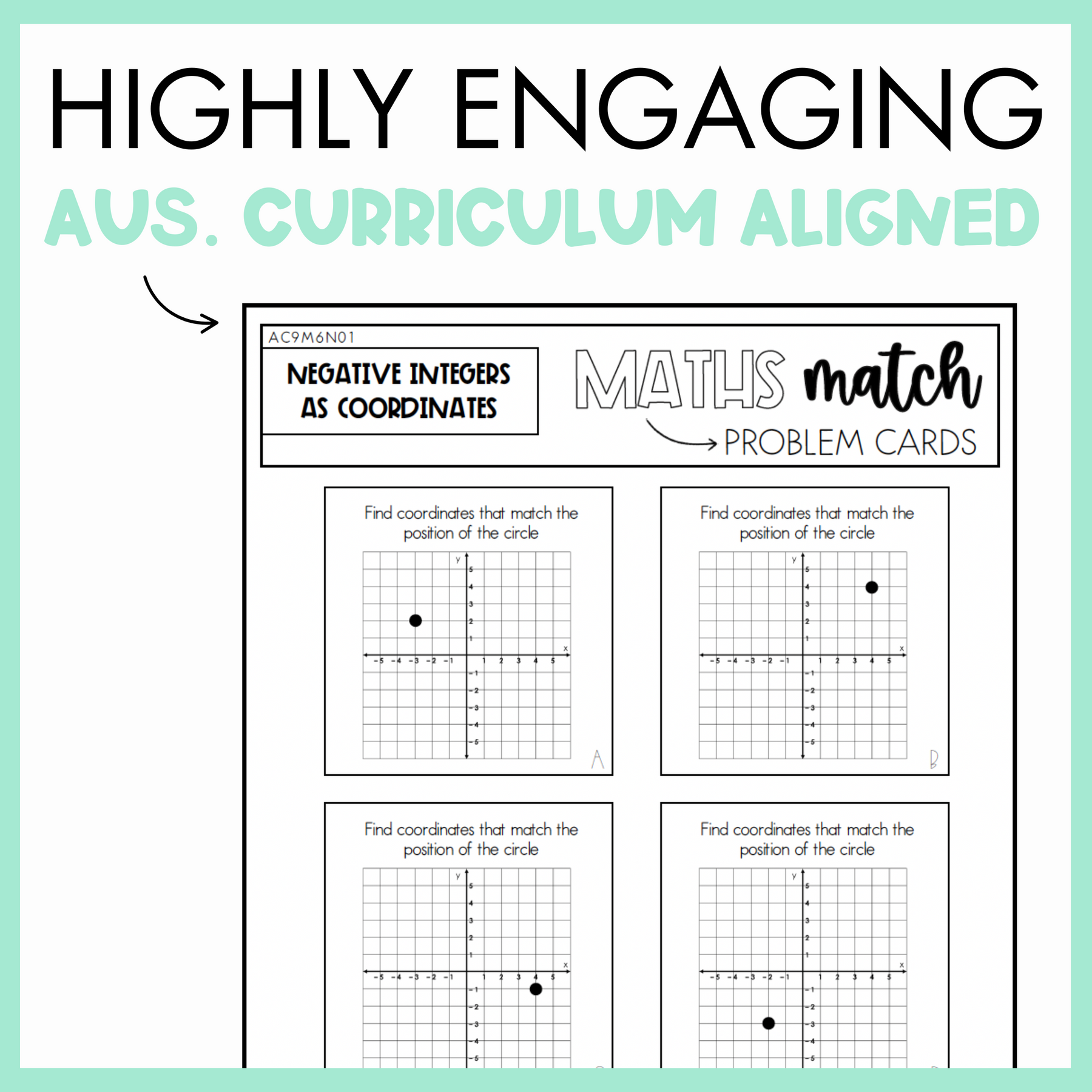 Maths Match worksheet on negative integers as coordinates with text, 'Highly Engaging Aus. Curriculum Aligned' on light green background.