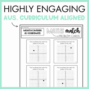 Maths Match worksheet on negative integers as coordinates with text, 'Highly Engaging Aus. Curriculum Aligned' on light green background.