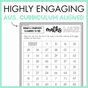 Maths maze worksheet on prime and composite numbers to 100 with text, 'Highly Engaging Aus. Curriculum Aligned' on light green background.