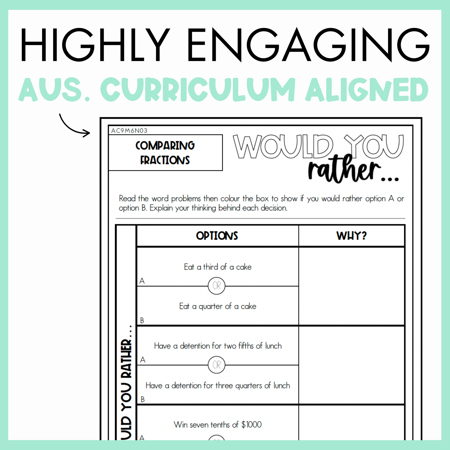 Maths would you rather worksheet on comparing fractions with text, 'Highly Engaging Aus. Curriculum Aligned' on light green background.