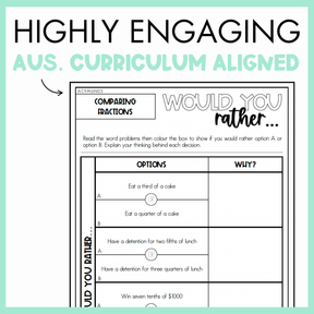 Maths would you rather worksheet on comparing fractions with text, 'Highly Engaging Aus. Curriculum Aligned' on light green background.