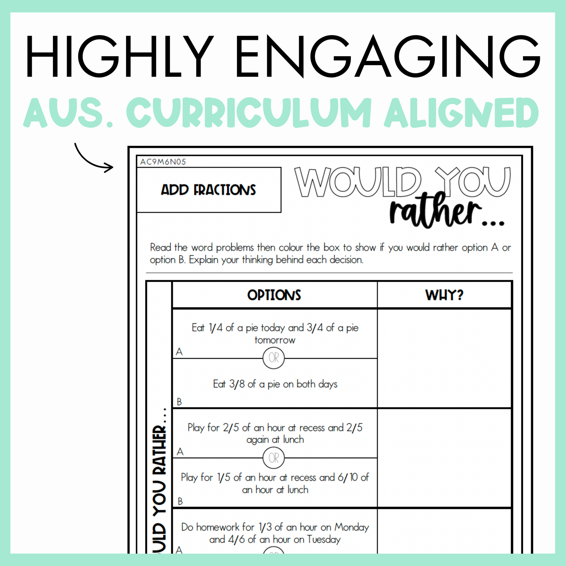 Maths would you rather worksheet on add fractions with text, 'Highly Engaging Aus. Curriculum Aligned' on light green background.