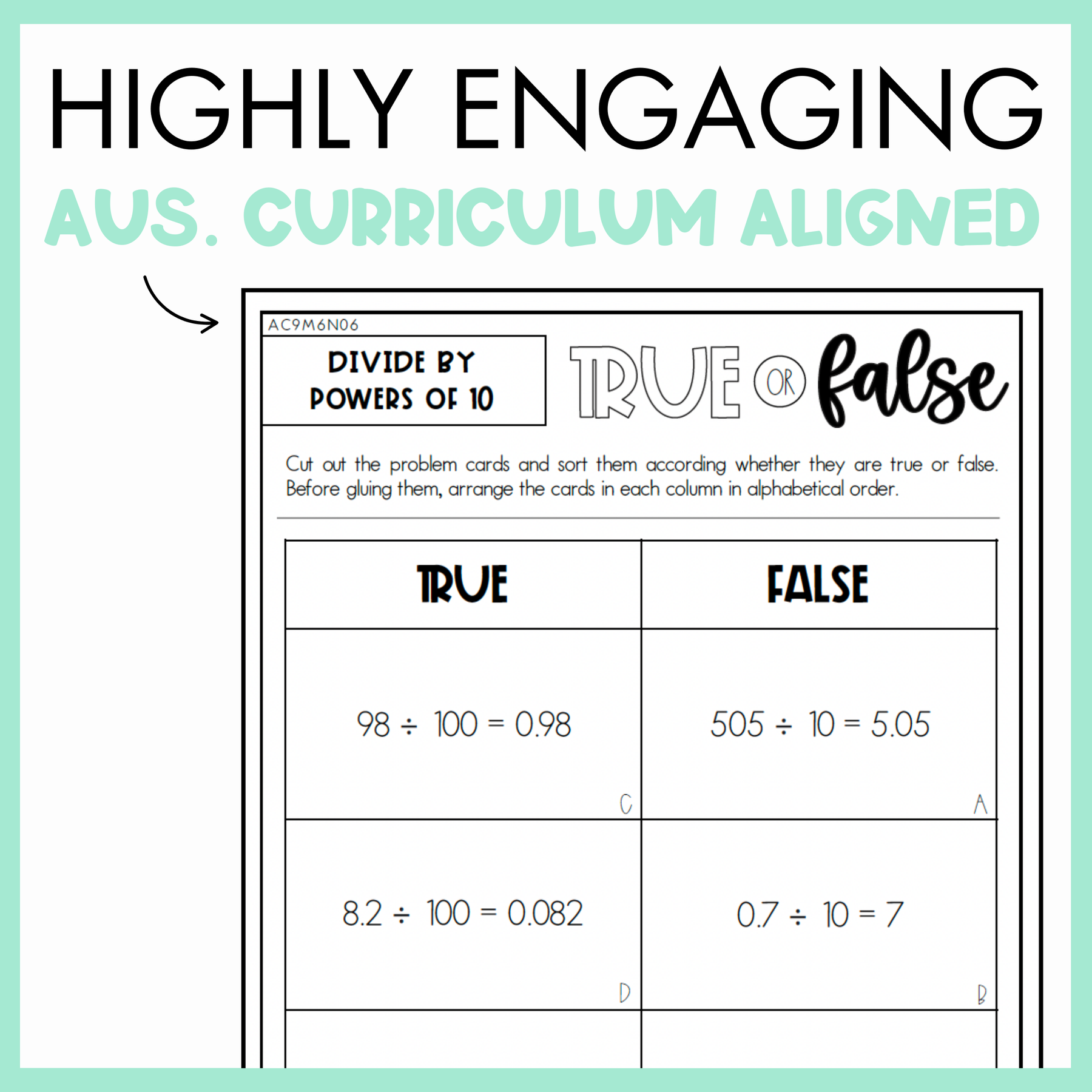 Maths true or false worksheet on divide by powers of 10 with text, 'Highly Engaging Aus. Curriculum Aligned' on light green background.