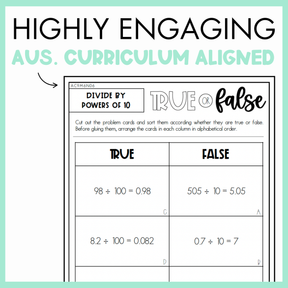 Maths true or false worksheet on divide by powers of 10 with text, 'Highly Engaging Aus. Curriculum Aligned' on light green background.