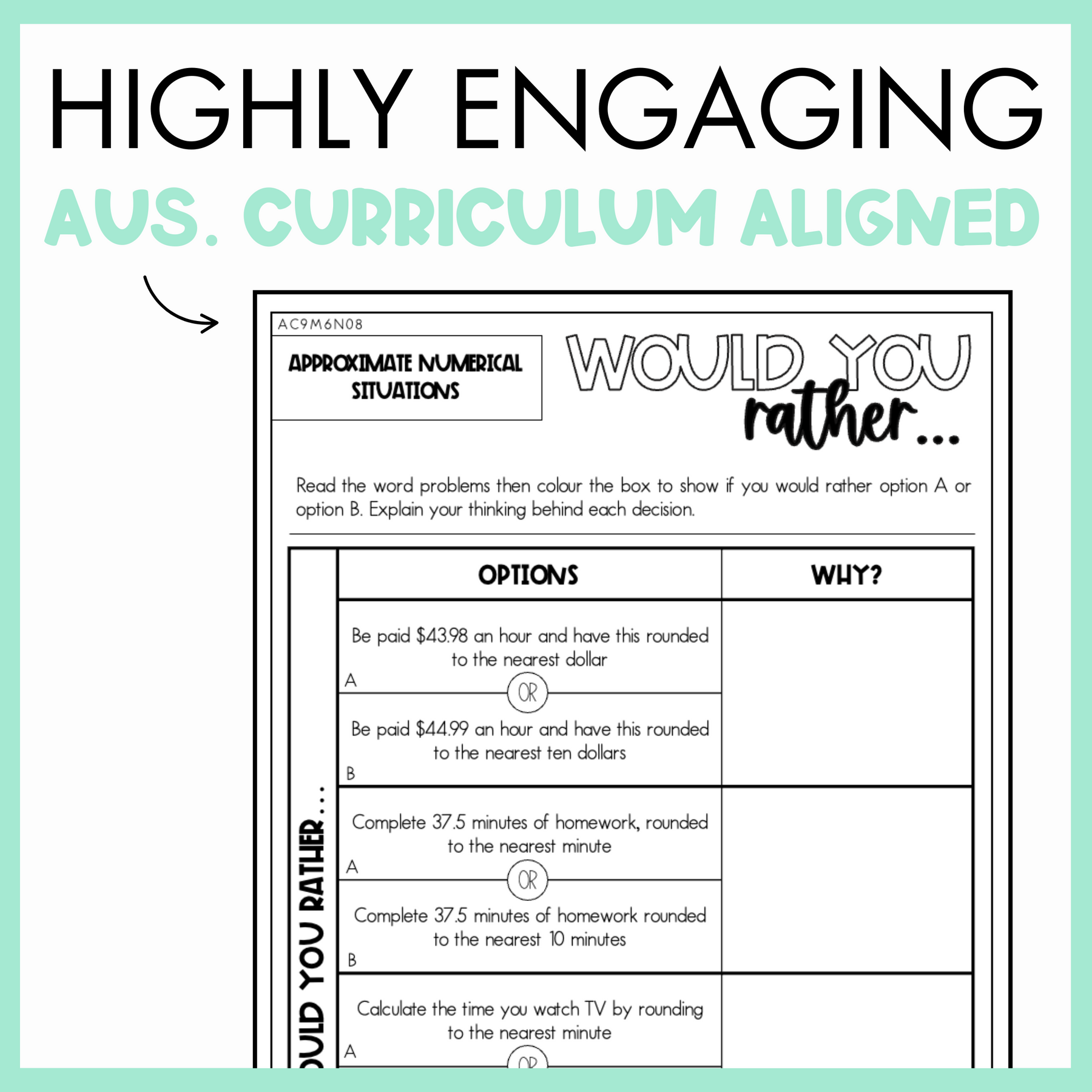 Maths Would You Rather worksheet on approximate numerical situations with text, 'Highly Engaging Aus. Curriculum Aligned' on light green background.
