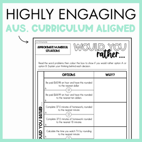 Maths Would You Rather worksheet on approximate numerical situations with text, 'Highly Engaging Aus. Curriculum Aligned' on light green background.
