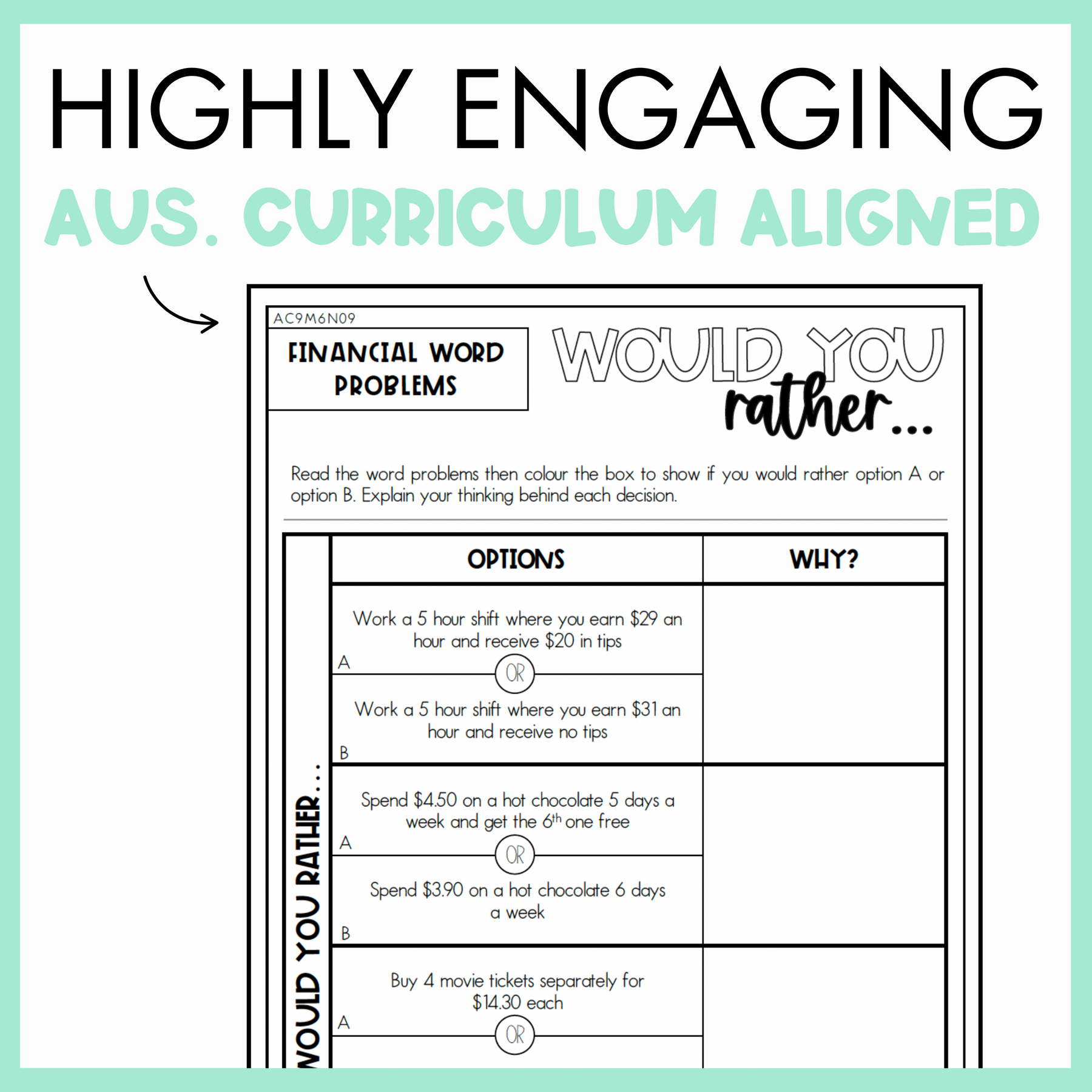 Maths Would You Rather worksheet on financial word problems with text, 'Highly Engaging Aus. Curriculum Aligned' on light green background.
