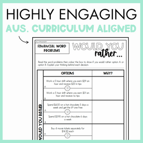 Maths Would You Rather worksheet on financial word problems with text, 'Highly Engaging Aus. Curriculum Aligned' on light green background.
