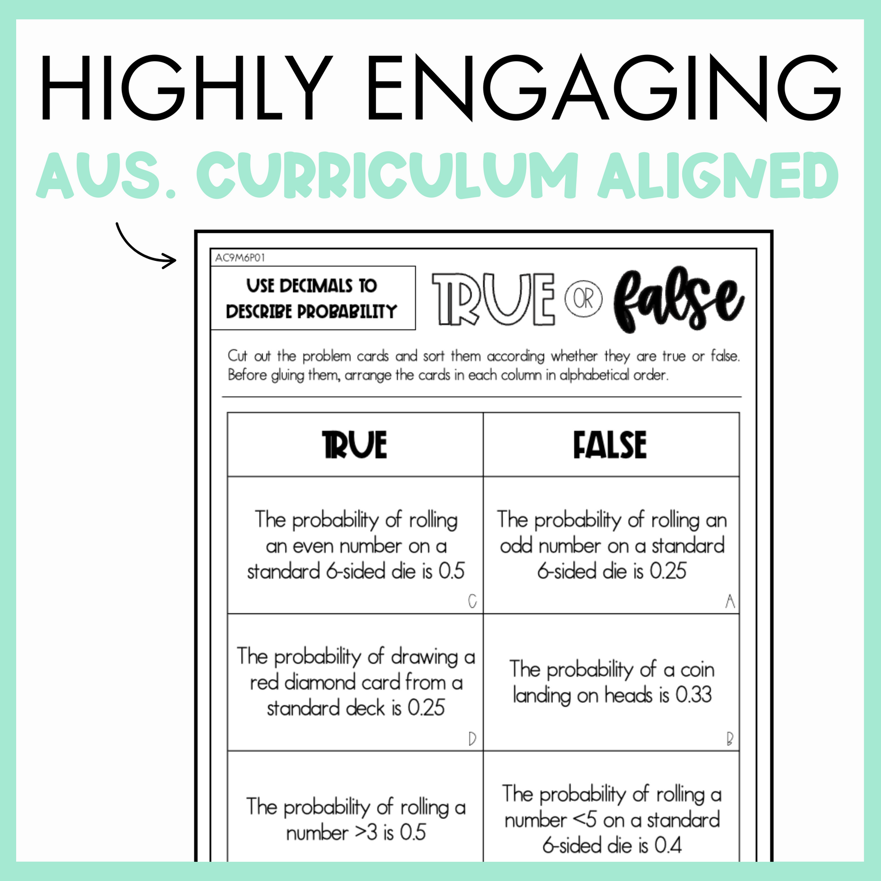 Maths true or false worksheet on use decimals to describe probability with text that reads 'Highly engaging Australian curriculum aligned' on a light green border.