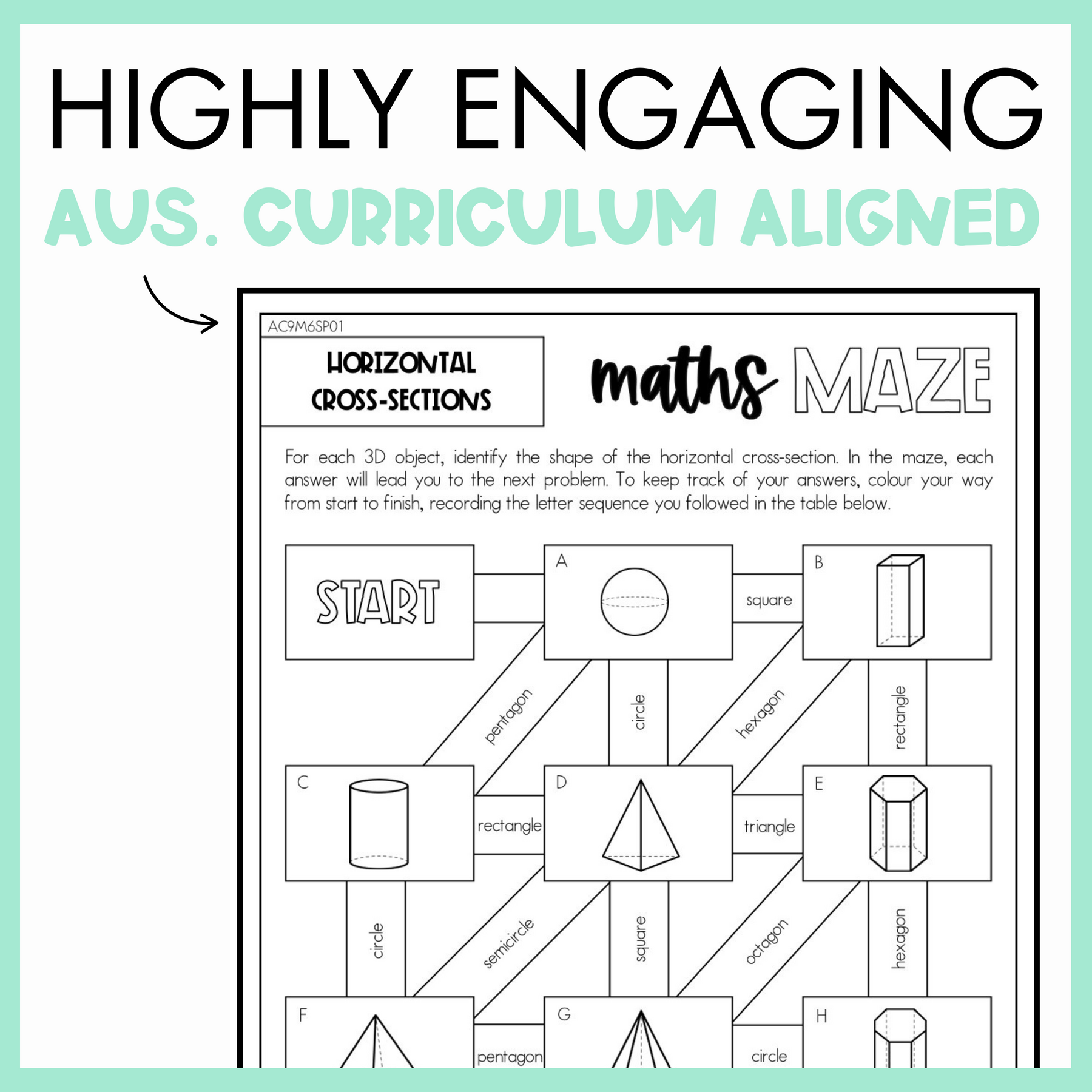 Maths maze worksheet titled 'Horizontal Cross-Sections' with text 'Highly Engaging Australian Curriculum Aligned'.